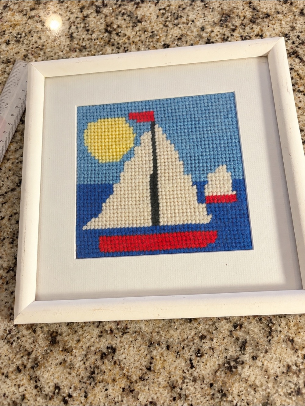 Framed Handmade Needlepoint Sailboat Nautical Coastal Wall Art 10x9